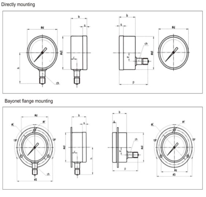 2 inch bottom connection crimped ring pressure SS case brass internal gauges liquid dimension