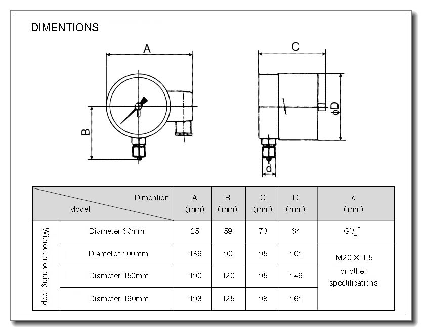 4 Black steel case bottom connection electric pressure gauge dimension